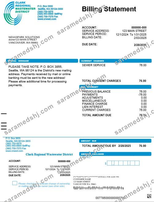 USA Washington Clark Regional Wastewater District business utility bill, Word and PDF template